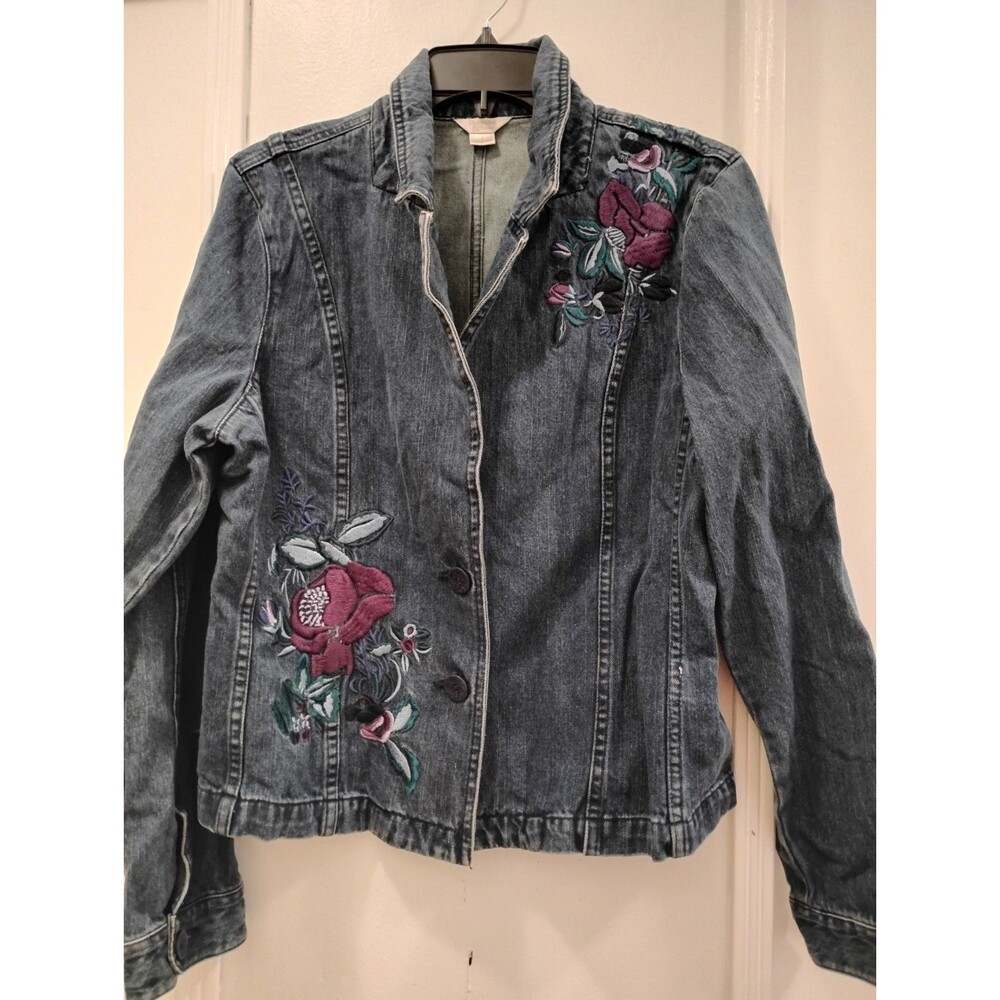 Christopher & Banks Jean Jacket Floral Embroidered SZ Lrg Bloomcore Boho Cotton